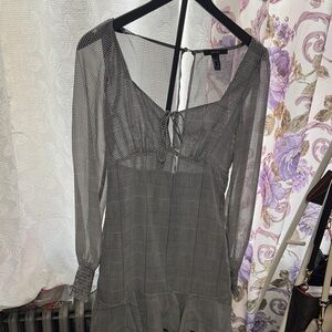 Forever 21 Black and Gray Sheer Plaid Long Sleeve Mini Dress
